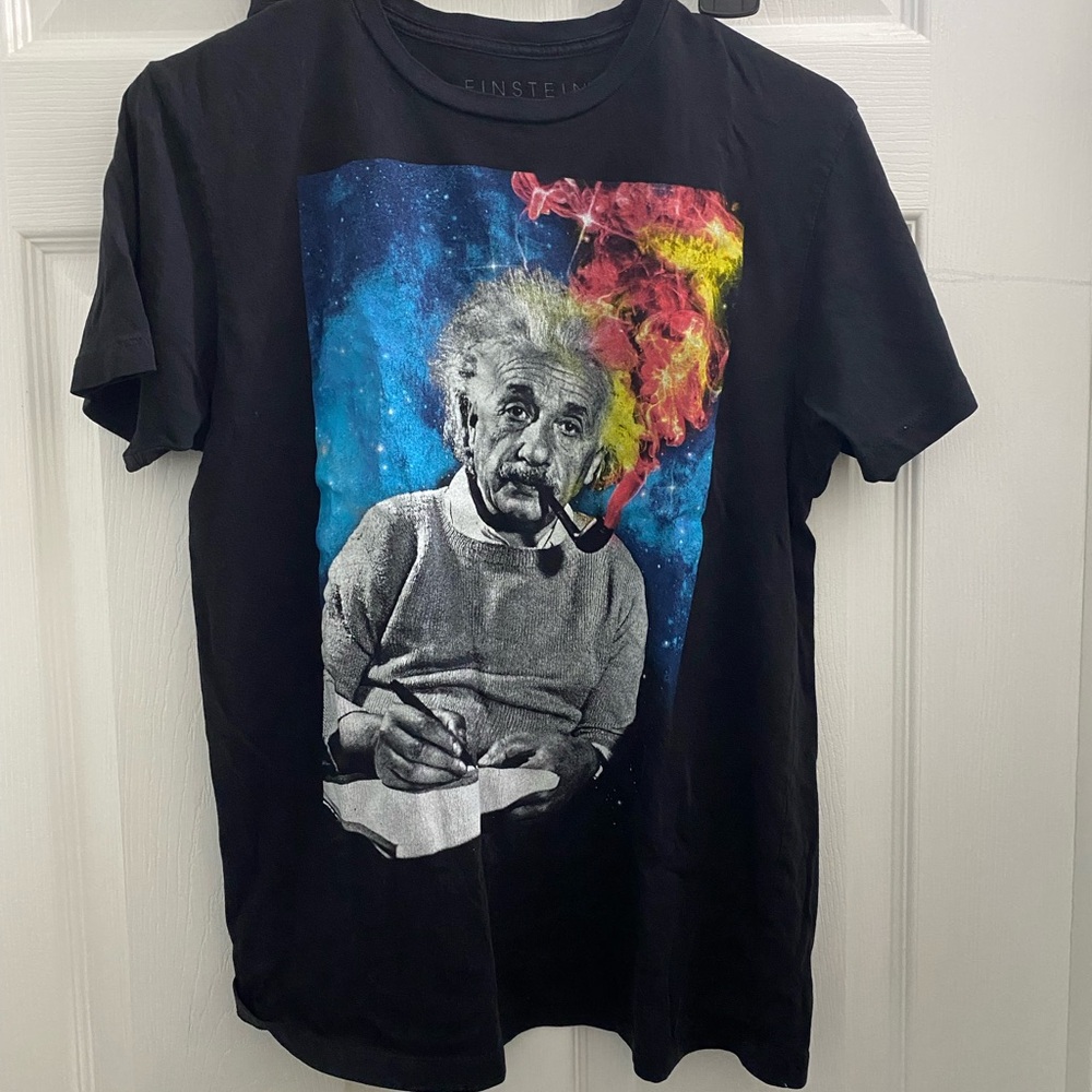 Men’s Black Graphic T-Shirt with Einstein Design, size Medium